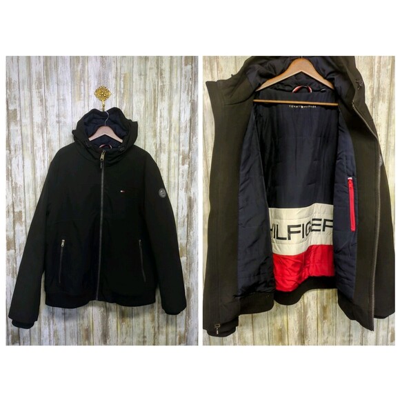 Tommy Hilfiger Men's Black Jacket Full Zip Logo Heavy Coat Hooded XL